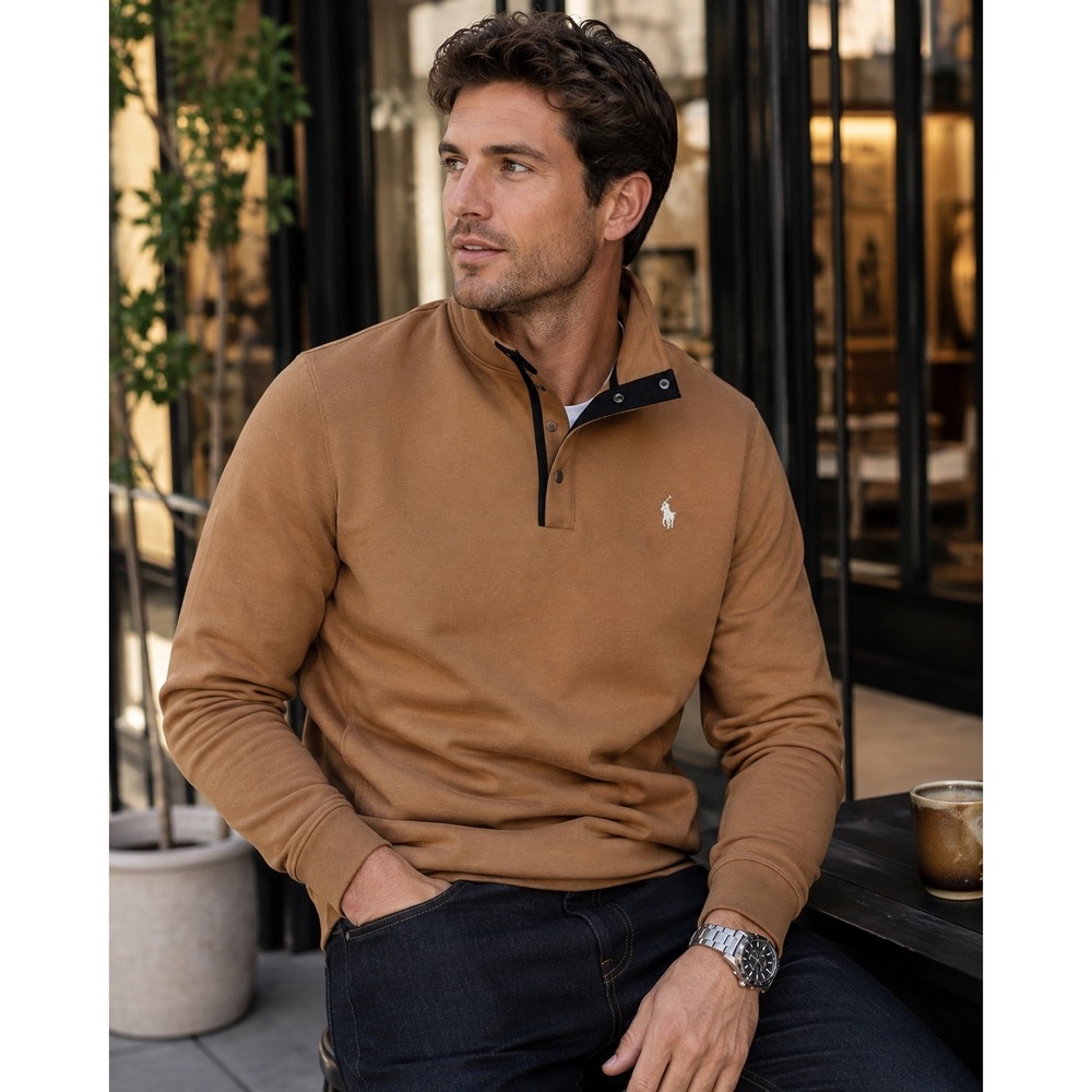 Polo Ralph Lauren Preppy Minimalist Sweatshirt Sweater Snap Pullover Tan Sz L